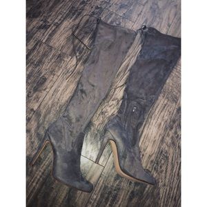 above the knee taupe heeled boots